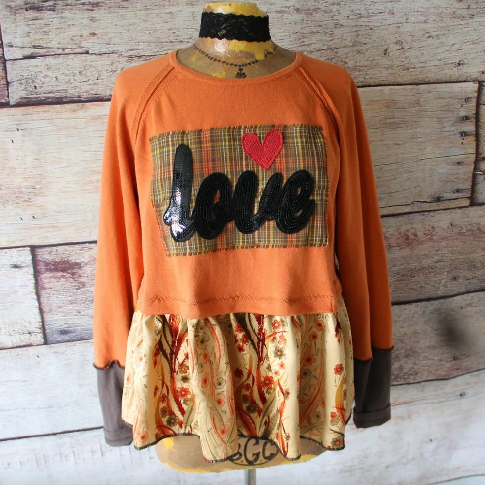 UPCYCLED Reconstructed Sweatshirt Women's Bohemian LOVE Peplum TOP Sz. L/XL
